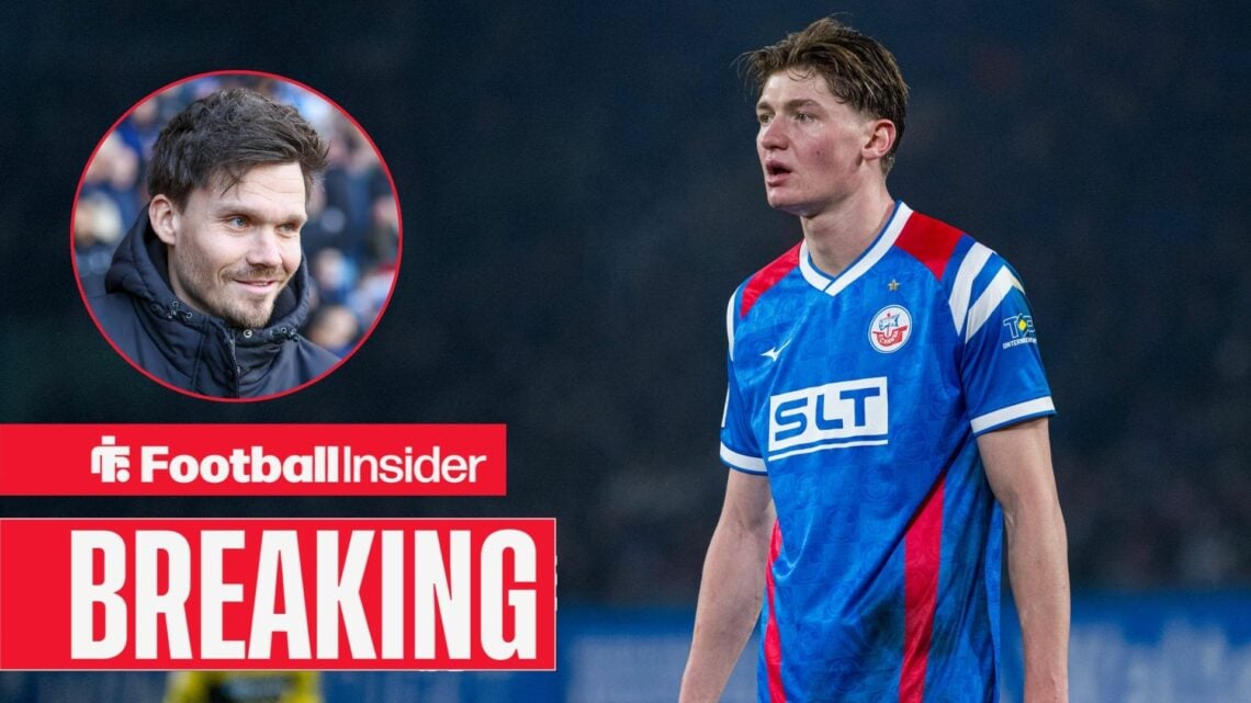 Breaking news as Ryan Naderi is in action for Hansa Rostock, while Rangers manager Danny Rohl smiles in a circular inset.