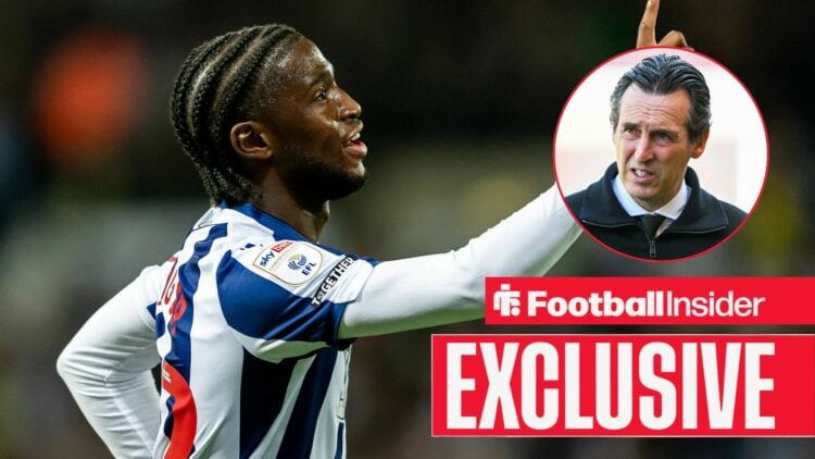 Football Insider exclusive as Samuel Iling-Junior celebrates a goal for West Brom, while Aston Villa manager Unai Emery grimaces in a circular inset.