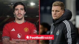 Sandro Tonali in a Man United shirt alongside Eddie Howe in a Newcastle jacket