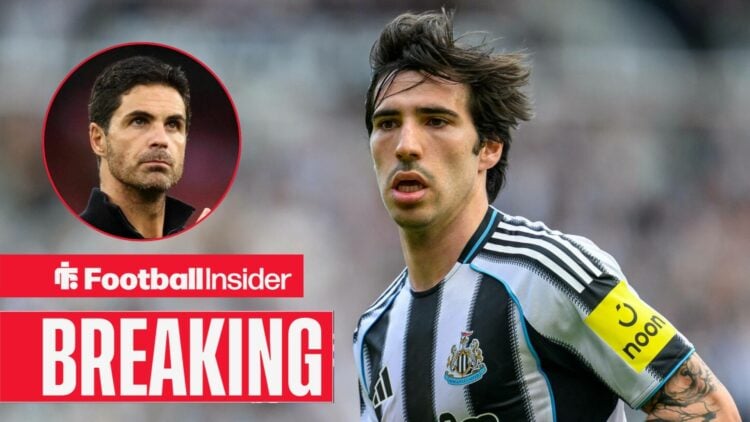 Sandro Tonali in action during a game for Newcastle, as Arsenal manager Mikel Arteta watches from a circular inset.