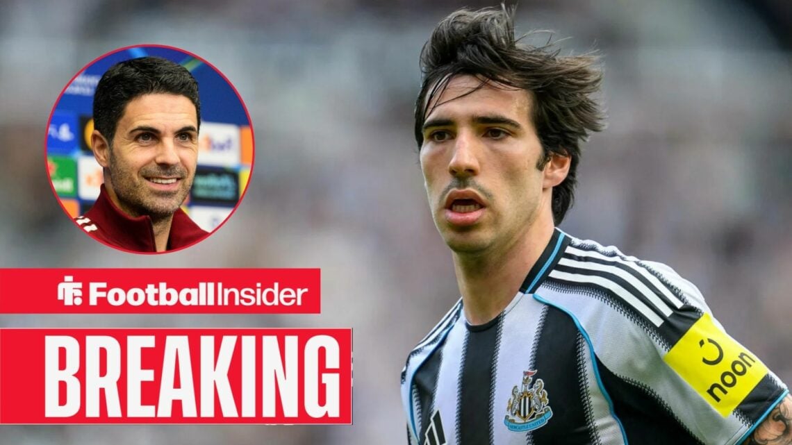 Sandro Tonali in action during a game for Newcastle, as Arsenal boss Mikel Arteta smiles in a circular inset.