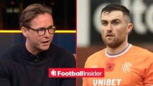 Sportscene pundit Scott Allan sits in the studio as he stares across a split image towards Rangers defender John Souttar.
