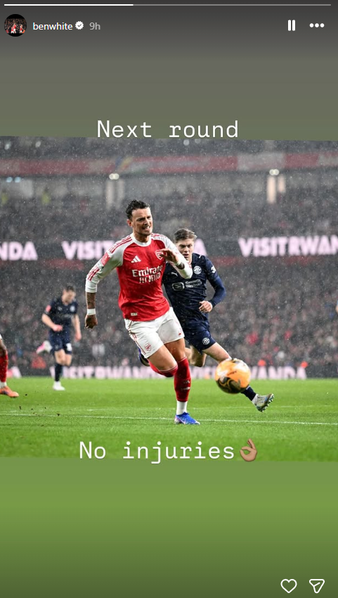Ben White posts an Instagram story with Wigan Athletic picture captioned "no injuries"