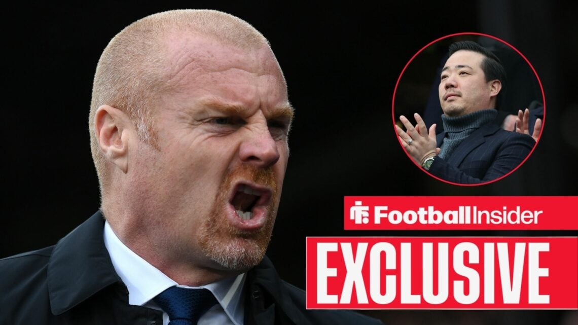Football Insider exclusive as Sean Dyche shouts instructions, while Leicester owner Aiyawatt Srivaddhanaprabha watches from a circular inset.