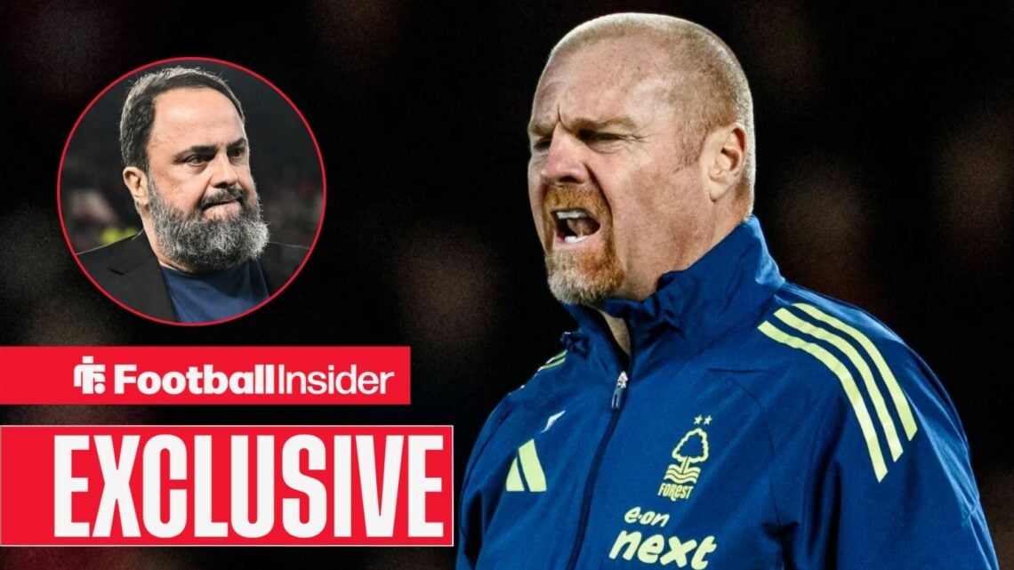 Football Insider exclusive as Nottingham Forest manager Sean Dyche shouts towards owner Evangelos Marinakis, who features in a circular inset.