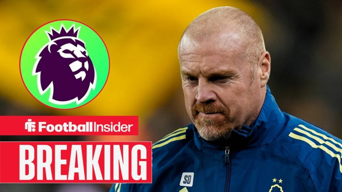 Nottingham Forest manager Sean Dyche stares at the ground as the Premier League logo features in a circular inset.