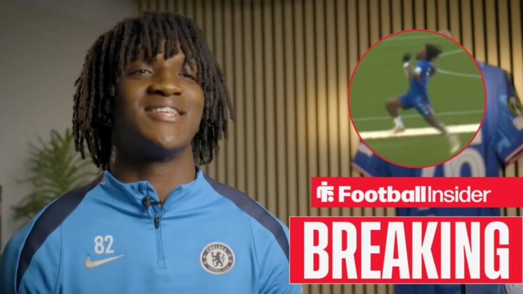 Shim Mheuka speaking in a Chelsea interview, his goal against Leeds United U21s on 20 February, 2026 in a circular inset