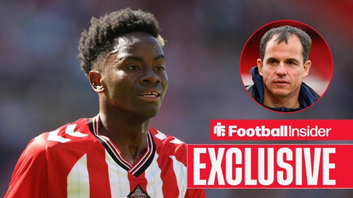 Simon Adingra in action for Sunderland with Regis Le Bris in a circular inset