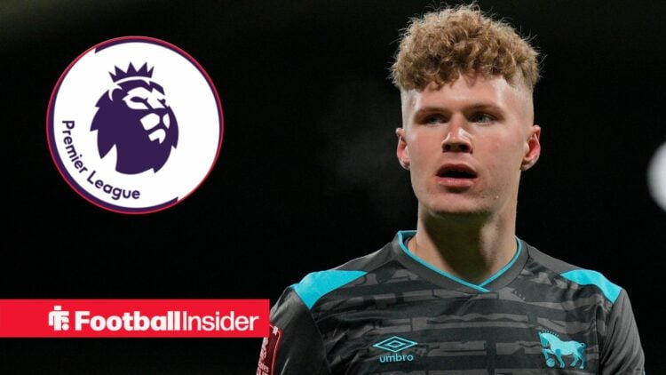 Sindre Walle Egeli of Ipswich Town in Wrexham vs Ipswich / Premier League badge