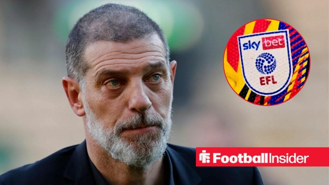 Slaven Bilic stares towards the EFL badge, which features in a circular inset.