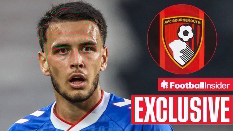 Enzo Le Fee playing for Bournemouth looking towards a circle inset of the Bournemouth badge