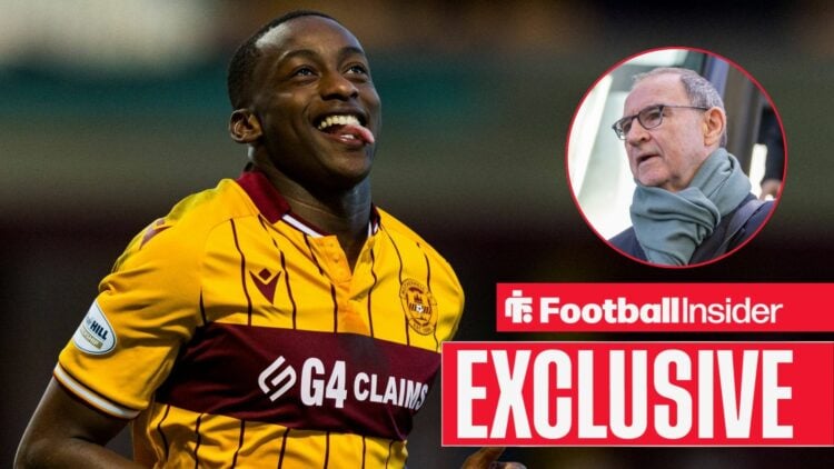 Football Insider exclusive as Tawanda Maswanhise celebrates a goal for Motherwell, as Celtic manager Martin O'Neill watches from a circular inset.