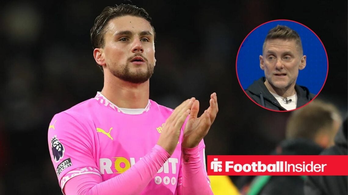 Taylor Harwood-Bellis in applauds after a game for Southampton, as Rob Green watches on from a circular inset.