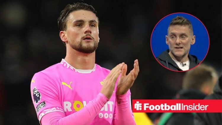 Taylor Harwood-Bellis in applauds after a game for Southampton, as Rob Green watches on from a circular inset.