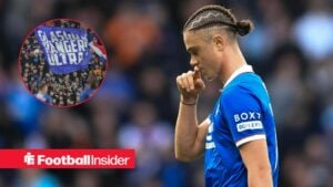 Rangers forward Thelo Aasgaard hangs his head in shame as fans wave flags in a circular inset.