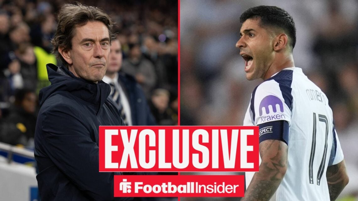 Football Insider exclusive as Tottenham manager Thomas Frank stares across a split image towards Cristian Romero, who shouts during a game.