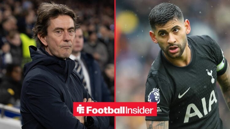 Tottenham manager Thomas Frank stares angrily across a split image towards Cristian Romero.