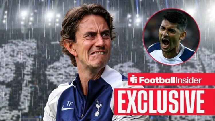 Thomas Frank in the rain at the Tottenham Hotspur Stadium with Cristian Romero included in a circular inset