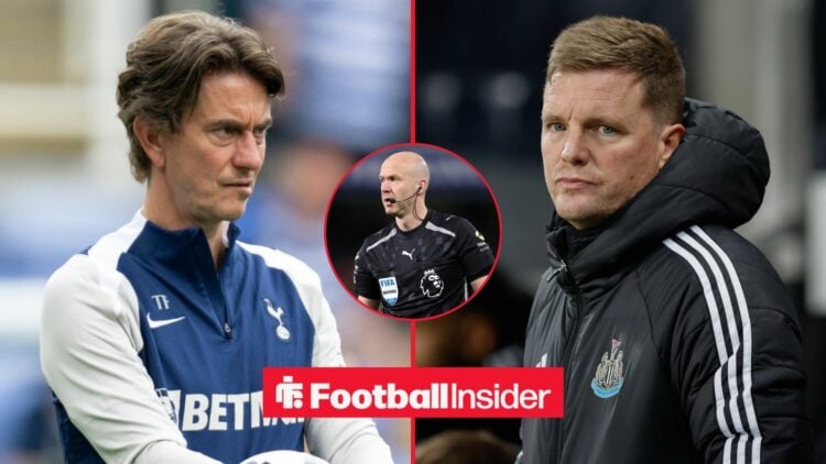 Thomas Frank and Eddie Howe side-by-side, Anthony Taylor in a circular inset