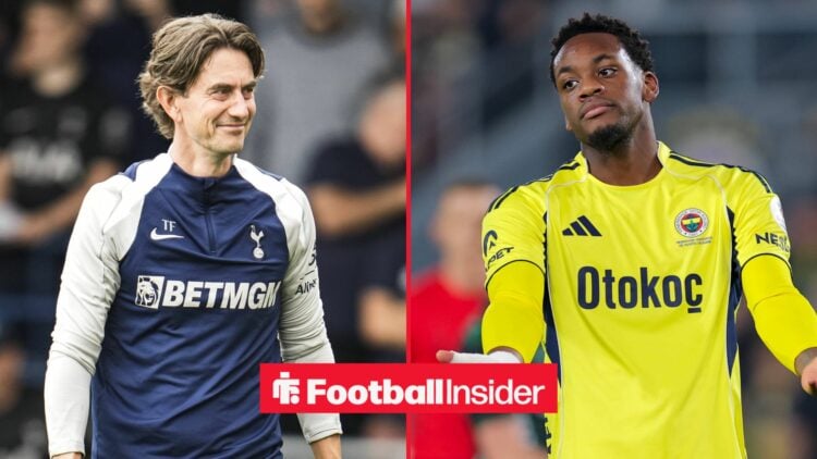 Tottenham manager Thomas Frank smiles across a split image towards Jhon Duran, whi has his arms outstretched during s game for Fenerbahce.