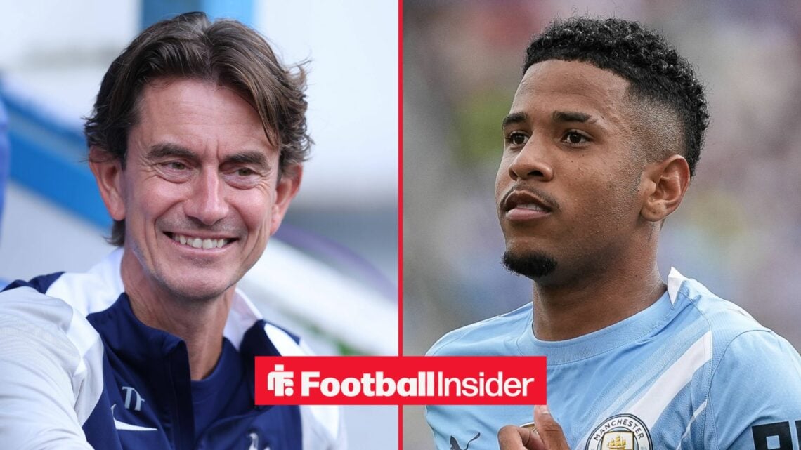 Thomas Frank smiling alongside Savinho in a Man City shirt