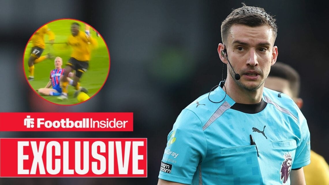 Crystal Palace versus Wolverhampton Wanderers referee Thomas Kirk / Will Hughes' tackle on Yerson Mosquera in Crystal Palace vs Wolves on 22 Februa...