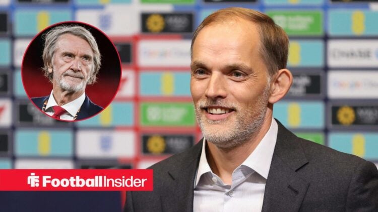Thomas Tuchel in a press conference for England, with Jim Ratcliffe in a circular inset
