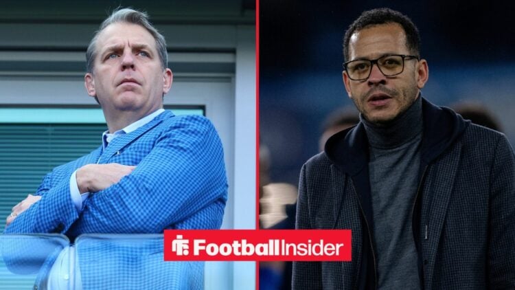 Todd Boehly with his arms folded alongside Liam Rosenior looking concerned