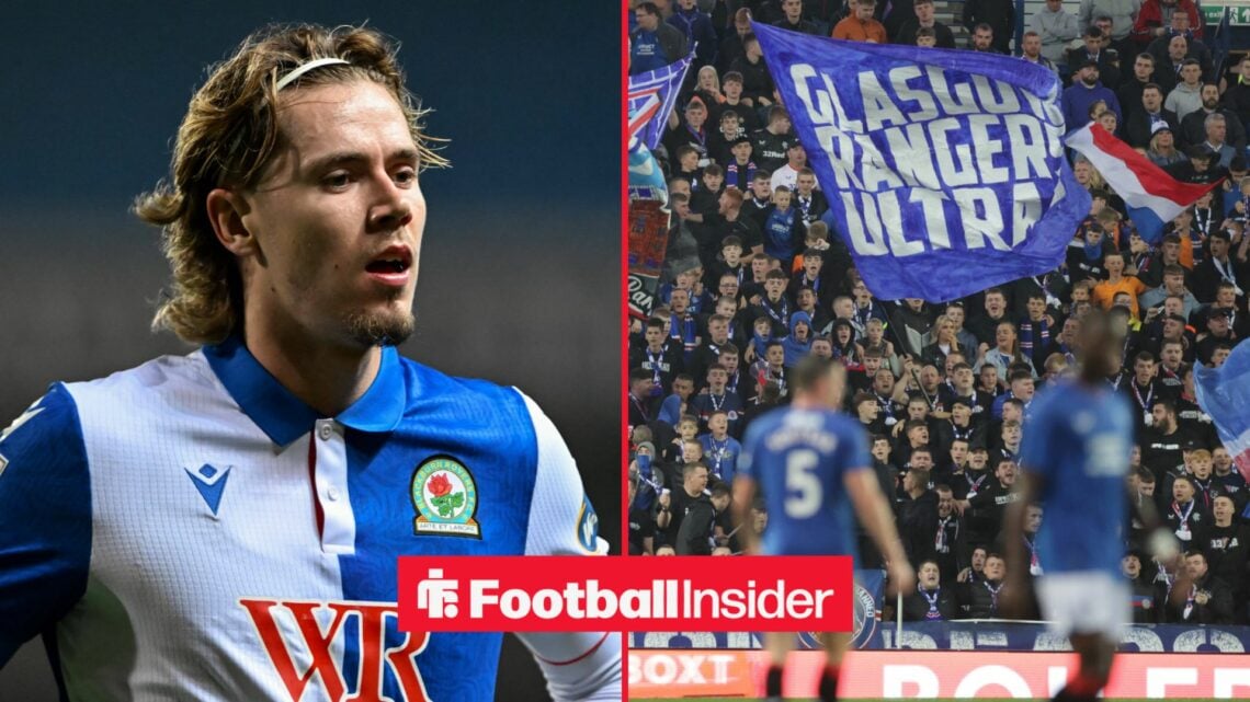 Blackburn Rovers midfielder Todd Cantwell stares across a split image towards Rangers fans.