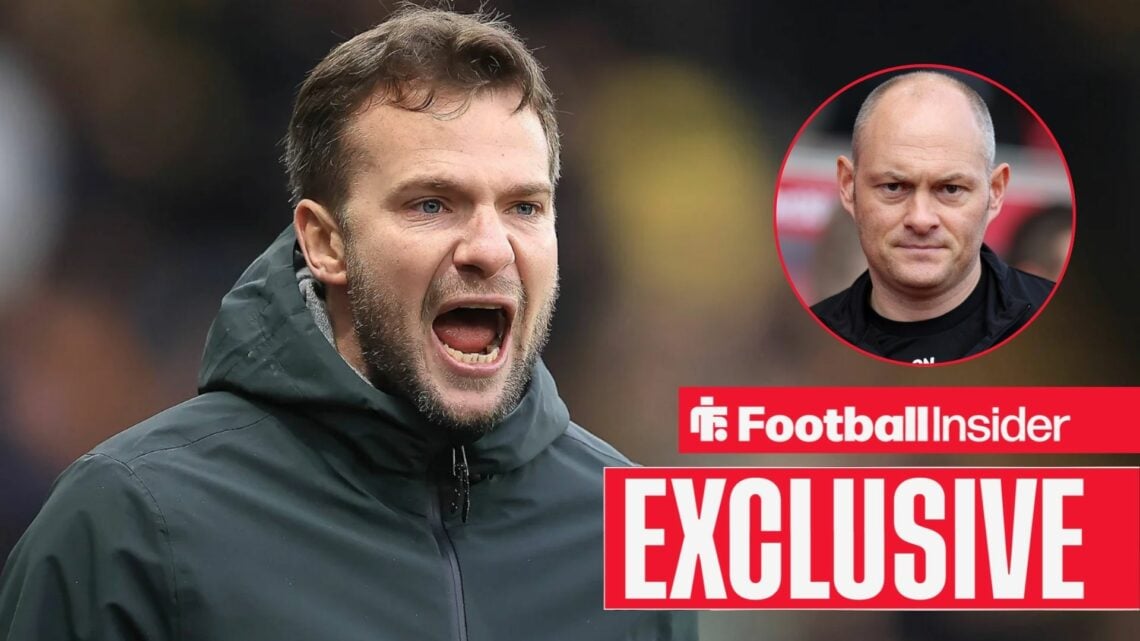 Football Insider exclusive as Plymouth Argyle manager Tom Cleverley shouts towards a circular inset, which features Millwall boss Alex Neil.
