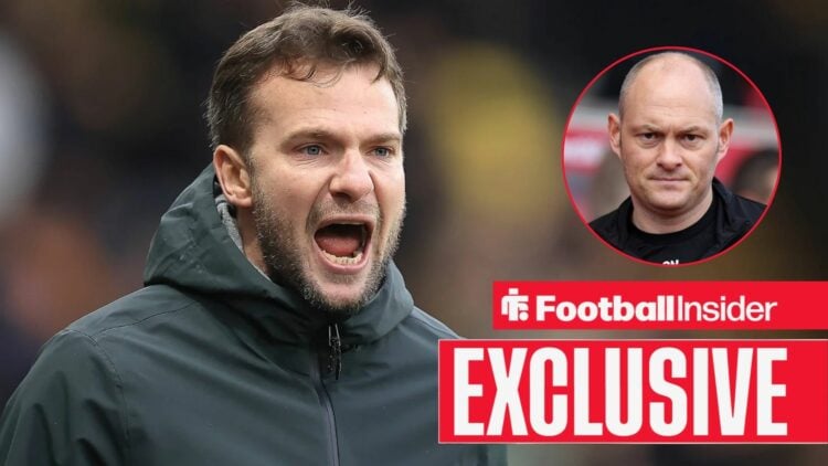 Football Insider exclusive as Plymouth Argyle manager Tom Cleverley shouts towards a circular inset, which features Millwall boss Alex Neil.