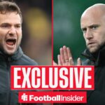 Football Insider exclusive as Plymouth manager Tom Cleverley and Hibernian boss David Gray feature on either side of a split image.