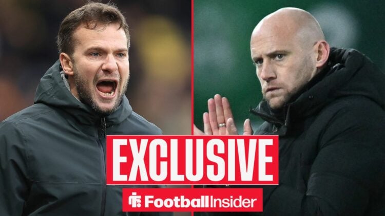 Football Insider exclusive as Plymouth manager Tom Cleverley and Hibernian boss David Gray feature on either side of a split image.
