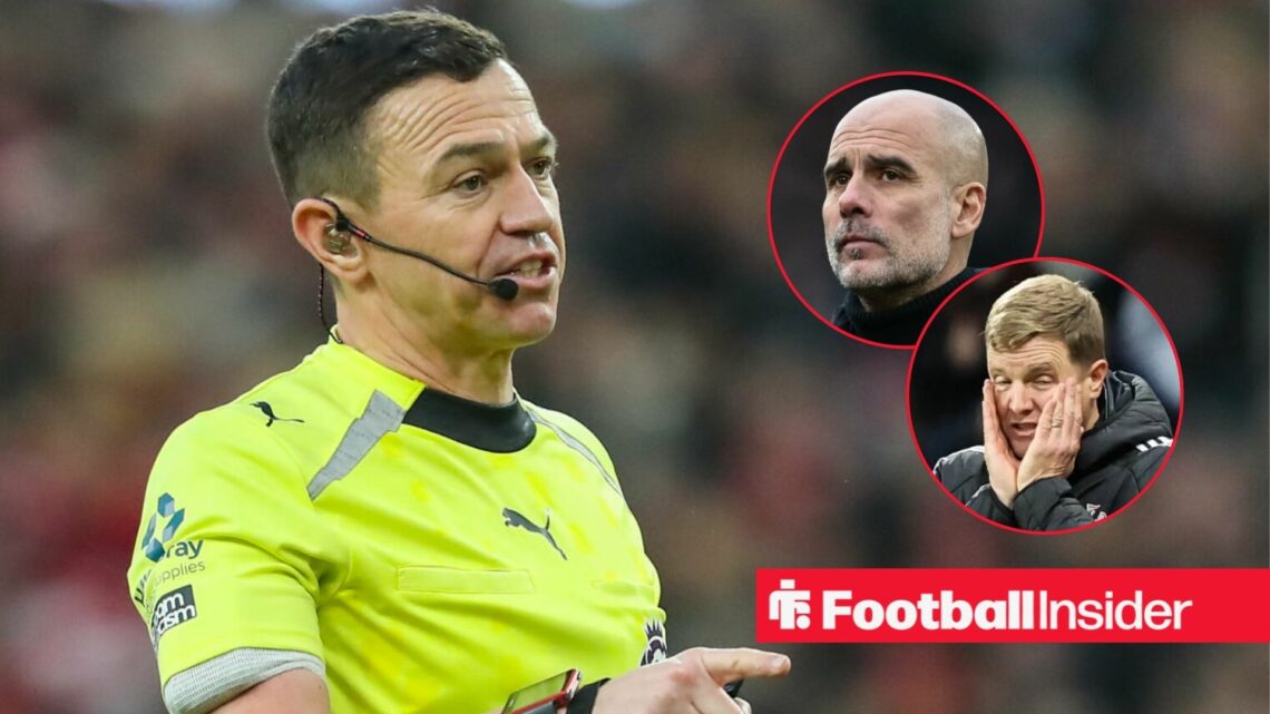 Tony Harrington looks towards a pair of circular insets, which feature Manchester City manager Pep Guardiola and Newcastle boss Eddie Howe.