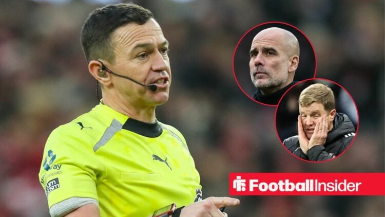 Tony Harrington looks towards a pair of circular insets, which feature Manchester City manager Pep Guardiola and Newcastle boss Eddie Howe.