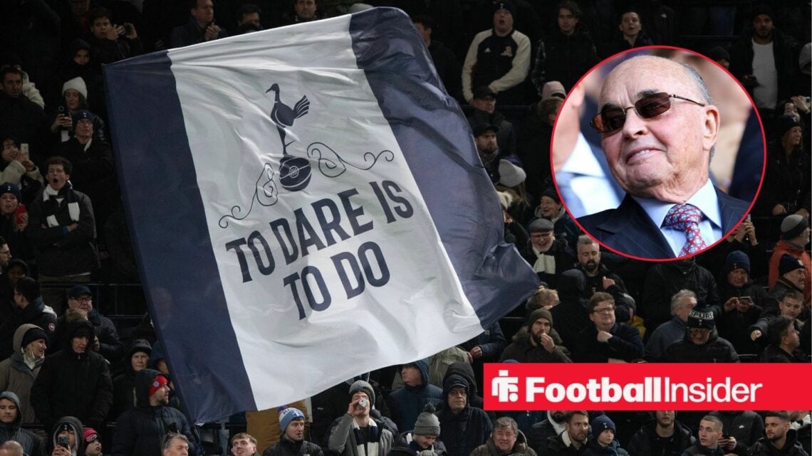 Tottenham fans wave a giant flag in the stands as owner Joe Lewis features in a circular inset.