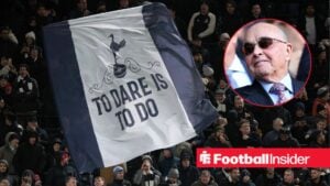 Tottenham fans wave a giant flag in the stands as owner Joe Lewis features in a circular inset.
