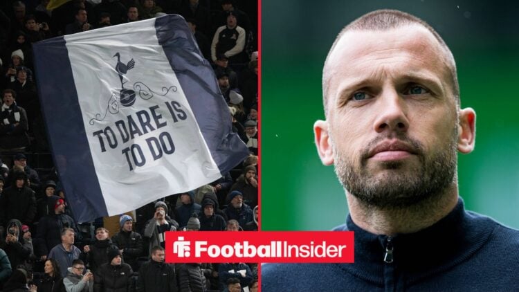 Tottenham fans wave a giant flag in the stands as John Heitinga features as part of a split image.