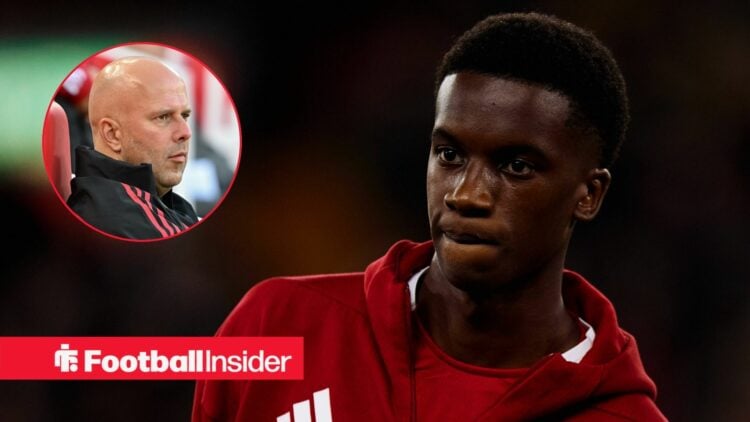 Liverpool youngster Trey Nyoni glances awkwardly towards a circular inset, where manager Arne Slot watches on from the dugout.