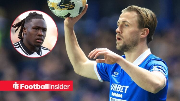 Rangers defender Tuur Rommens prepares to take a throw in, as Fulham star Calvin Bassey watches from a circular inset.