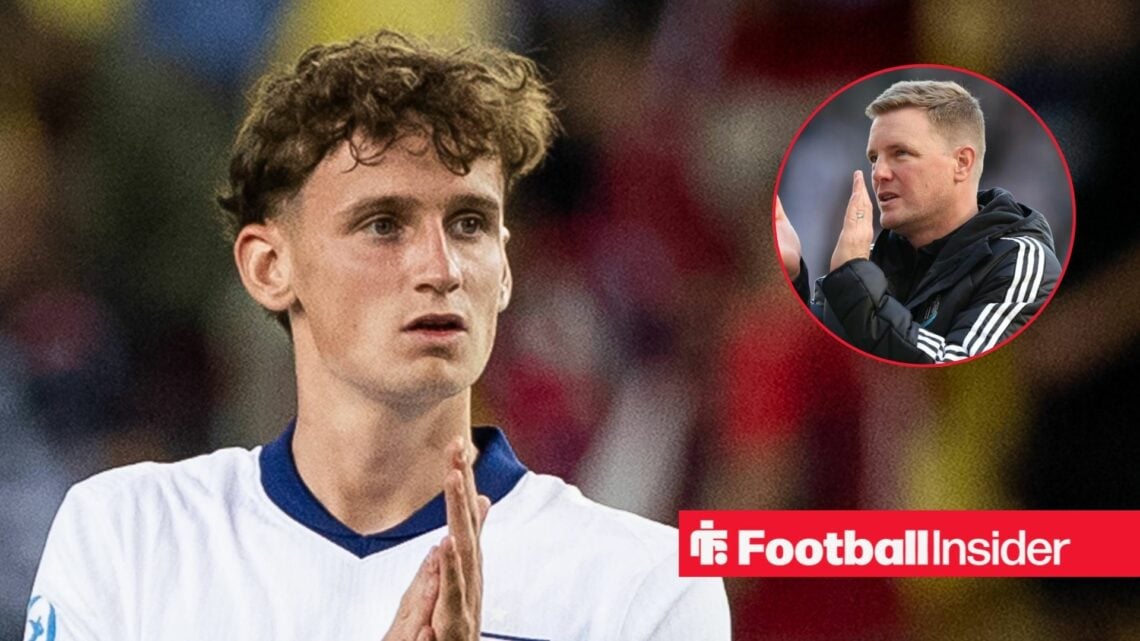 Tyler Morton in action for England Under-21s, with Eddie Howe in a circular inset