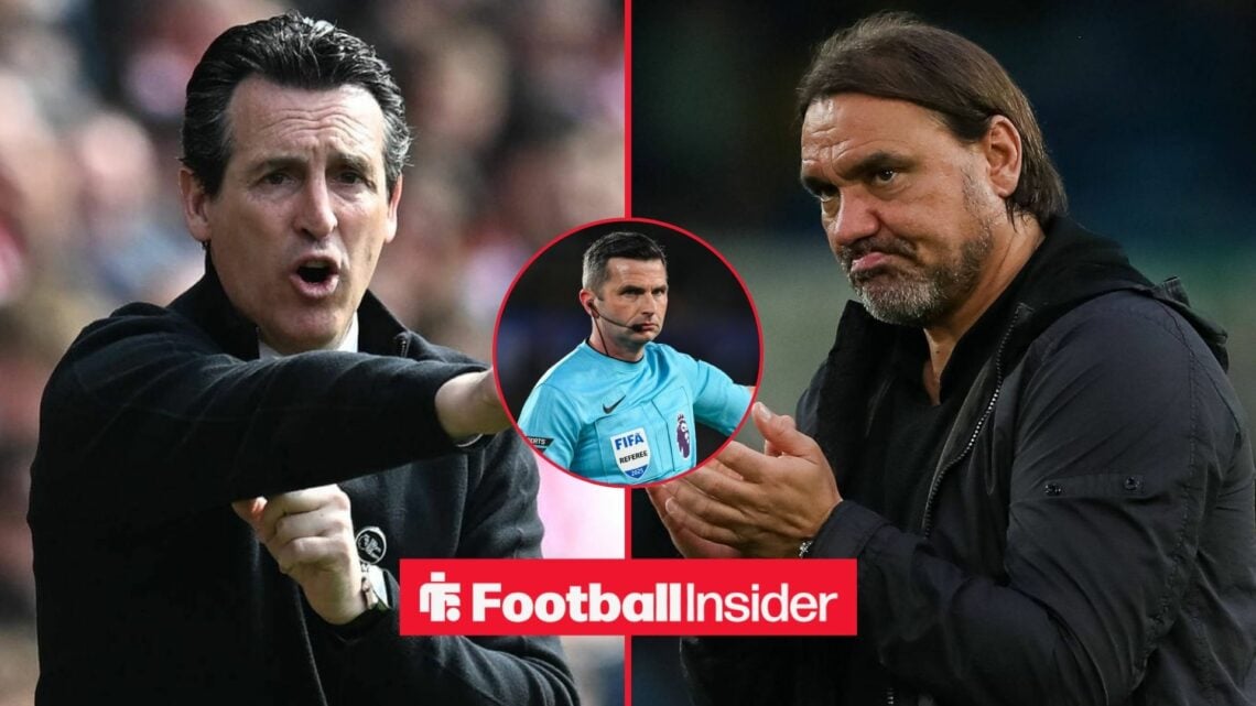 Unai Emery on the sidelines at Villa Park / Daniel Farke clapping at Elland Road / Referee Michael Oliver in a circular inset