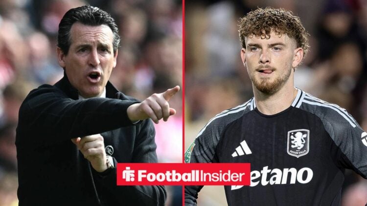 Unai Emery pointing alongside Harvey Elliott in an Aston Villa shirt