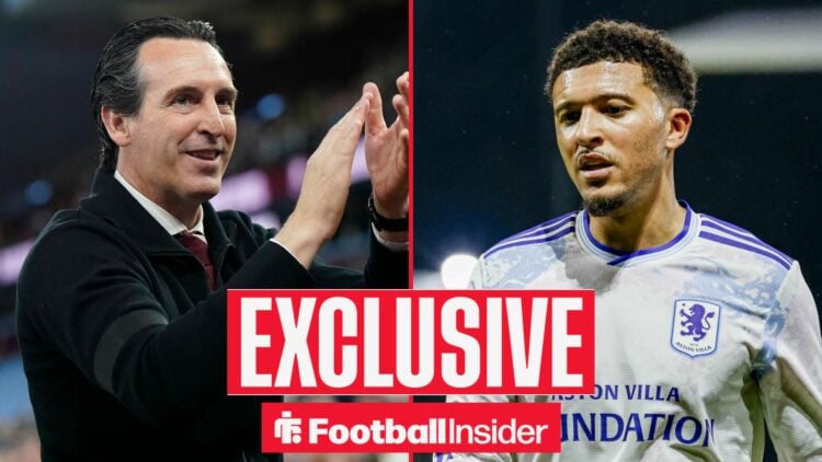 Football Insider exclusive as Aston Villa manager Unai Emery applauds, as Jadon Sancho is in action in the left half of a split image.