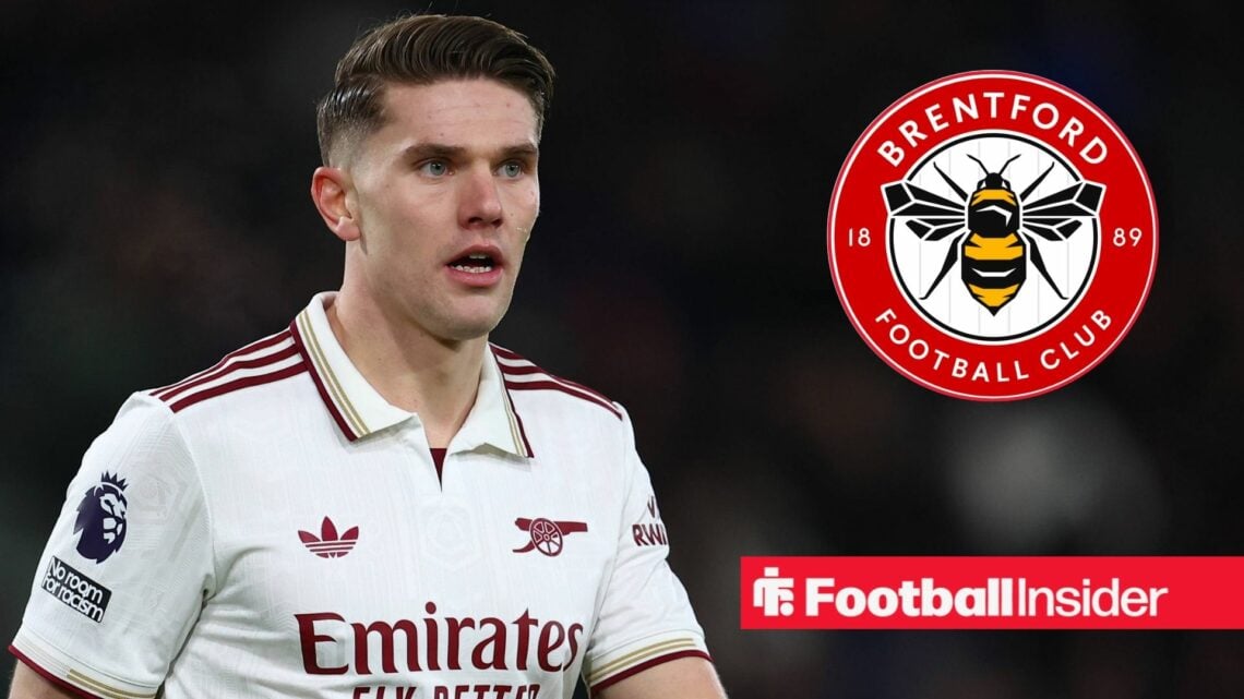 Viktor Gyokeres playing for Arsenal, Brentford badge