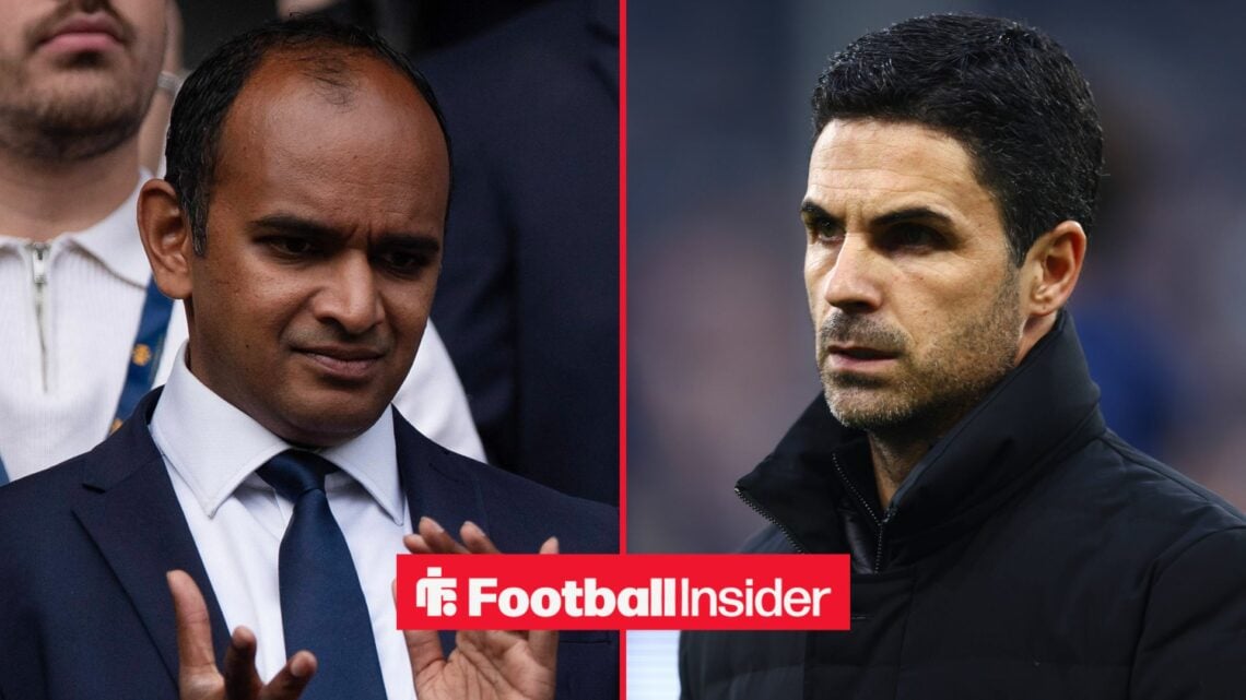 Vinai Venkatesham clapping alongside Mikel Arteta looking serious