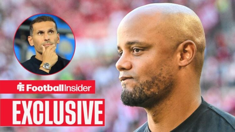 Football Insider exclusive as Vincent Kompany looks towards Manchester City chairman Khaldoon Mubarak, who features in a circular inset.