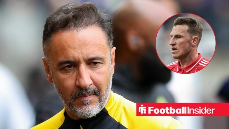 Vitor Pereira stares at the ground as Nottingham Forest striker Chris Wood features in a circular inset.