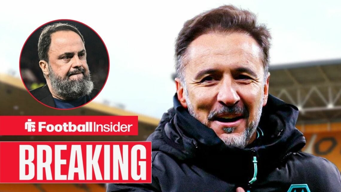 Vitor Pereira celebrating at Molineux, with Evangelos Marinakis in a circular inset