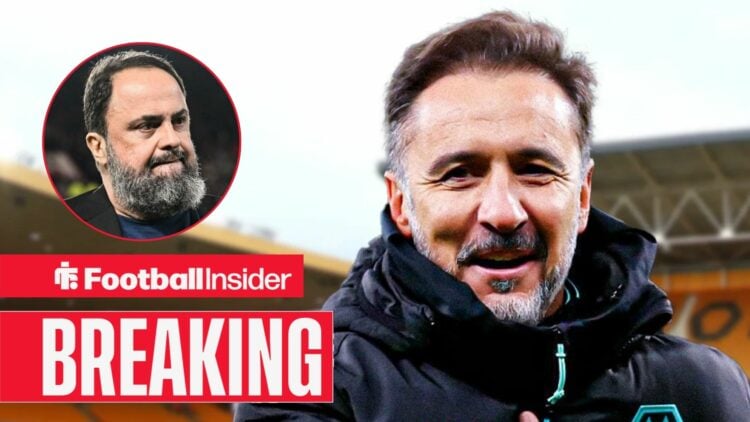 Vitor Pereira celebrating at Molineux, with Evangelos Marinakis in a circular inset